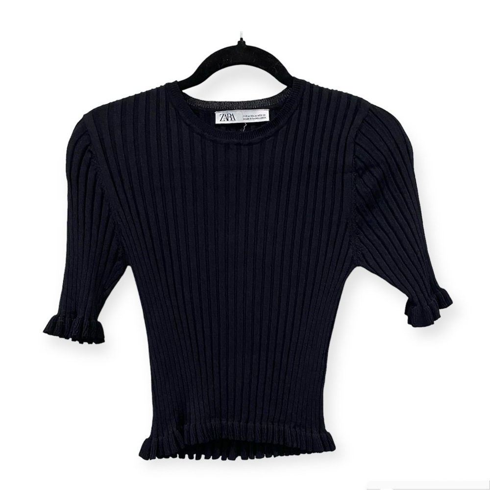 Zara Stretch Ribbed Ruffle Hem Crewneck Top Black Medium